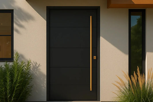 Modern black pivot doors on a minimalist luxury home