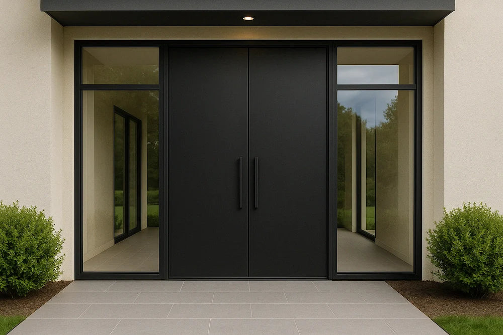 Iron front door with side glass panels