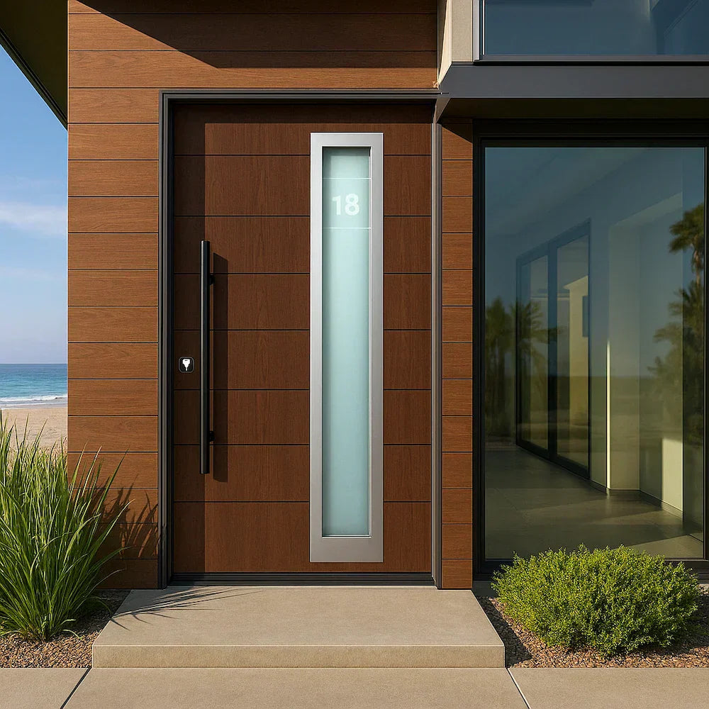 Modern aluminium front door with a tall, frosted glass panel.