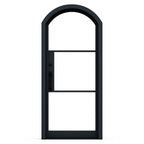 Black metal gate with arched top on a white background