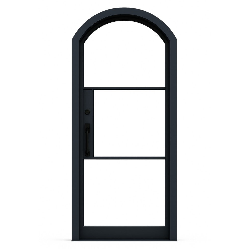 Black metal gate with arched top on a white background