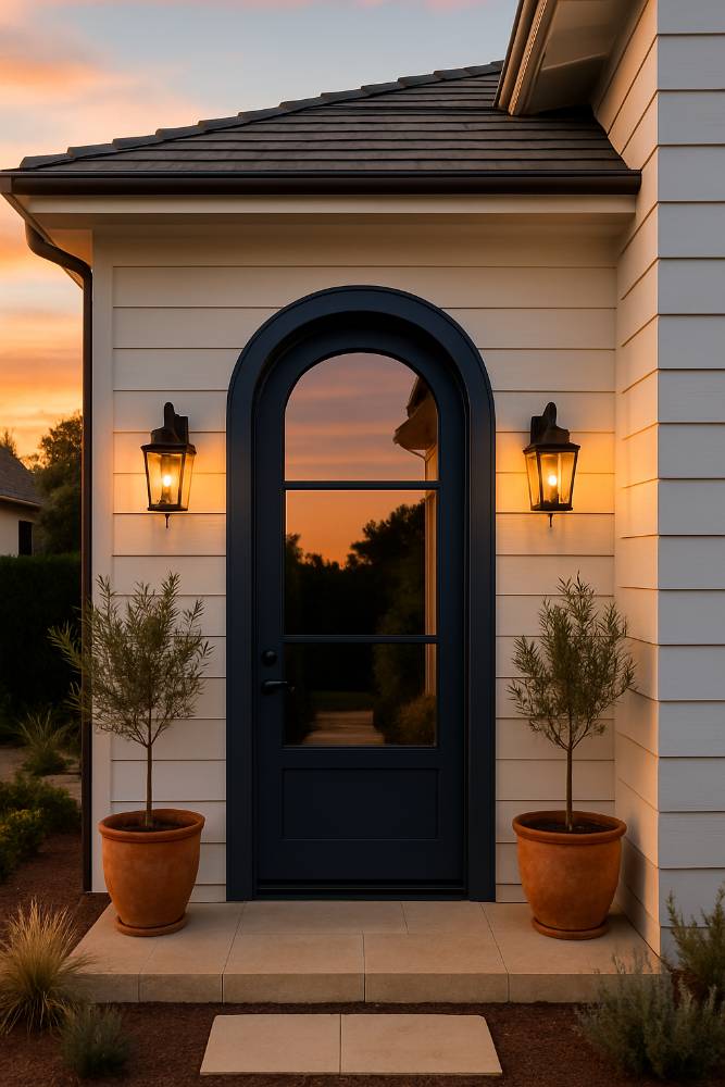 House exterior with a dark blue door and two potted plants on either side at sunset.